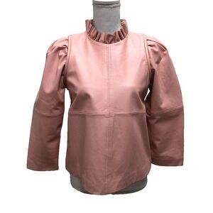 Sea NYC Lora Pink Leather Top Womens 0 High Neck Puff Sleeves Back Button